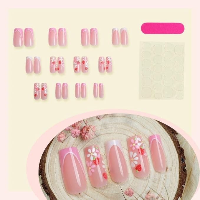 Medium Press on Nails Square Shape Cute Fake Nails with Flower Design Pink French Tip False Nails Summer Glue on Nails for Women 24pcs