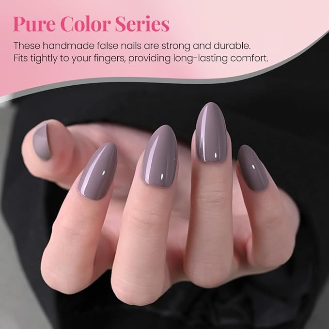 evpct Glossy Press on Nails Short Almond Short for Women, Taupe Grey Fake Nail with Glue Salon Quality Reusable Stick on Nails In 15 Sizes 30Pcs Full Cover False Nail Soft Gel Set Kit for Gift, 17