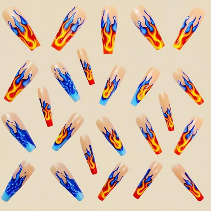 Hot Girls Press on Nails Long Length Coffin Shape with Fire Design Fake Nails for Prom and Party