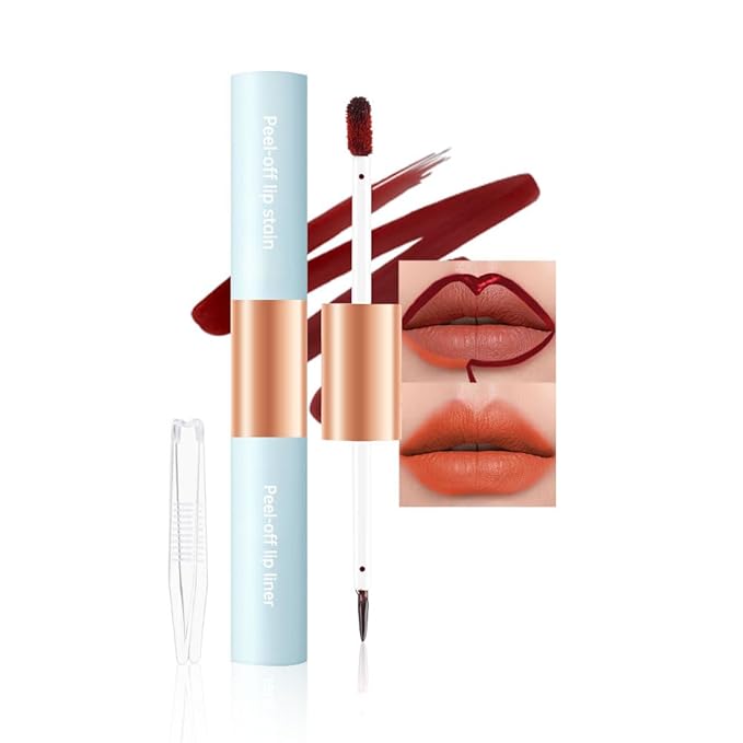 2-In-1 Peel Off Lip Stain Matte Finish Lip Liner Tattoo Peel-off Lip Tint, Long Lasting All Day Lip Masque Waterproof Smudge-proof Transfer-proof Lightweight Smoothing,2#Coral