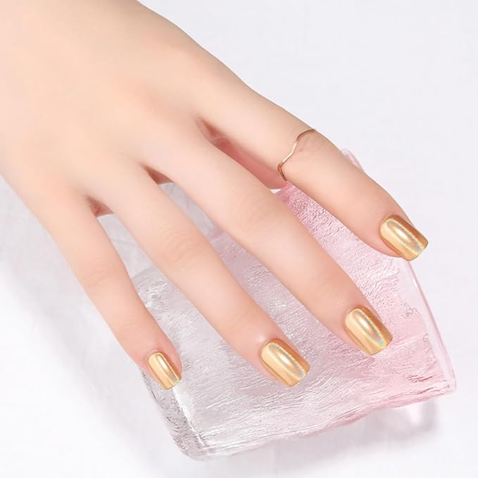 Gold Holographic Press On Nails, Short Chrome Glue On Nails for Women, Metallic Golden Fake Nails with Iridescent Glow, Press On Nails Short Square Shape, Color-Shifting Aurora Effect, 24 Pcs