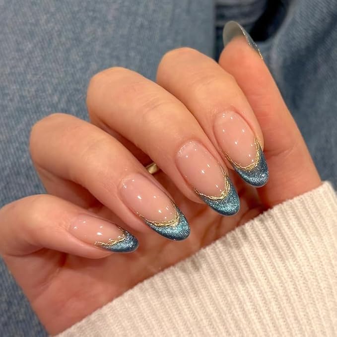 French Tip Press o Nails Medium Almond Fake Nails Blue Cat Eye False Nails Press ons with Gold Line Stripes Designs Glossy Glue on Nail for Women Manicure Deco 24Pcs