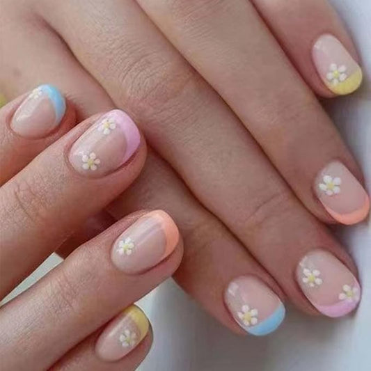 French Tip Press on Nails Short Nails for Women with Flowers Design Colorful Stick on Nails Square Acrylic Nails