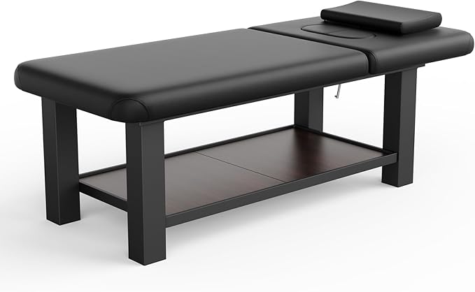 Metal Frame Heavy Duty Stationary Massage Table with Open-Chest & Headrest for Treatment Table, Physical Therapy Table, Spa Facial Professional Massage Bed, Black Leather 31.5'' W x 75.5'' L, 700LBS
