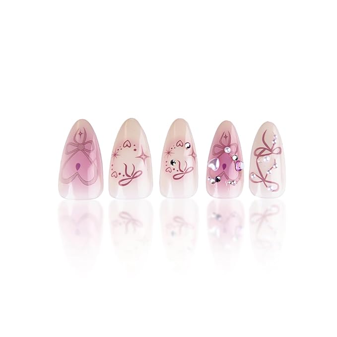24Pcs Press on Nails Medium with Handmade Pearl Heart Star Design Pink Smudged Almond Nail Shape Acrylic Nails False Nails French Manicure Nail Tips Rhinestones Love Stick on Nails for Women