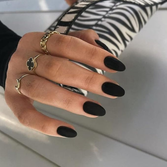 Matte Black Press on Nails Short Almond Fake Nails Press ons, Thick Solid Color Glue on Nails Short False, Medium Almond Oval Round Shaped for Women, 24Pcs Natural Acrylic Gel Nail