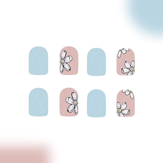 24 Pcs Short Square Press on Nails Spring Fake Nails With Designs Cute Flower False Nails Artificial Acrylic Nail Kit Light Blue Full Cover Stick on Nails Glossy Pink Flowers Glue on Nails For Women