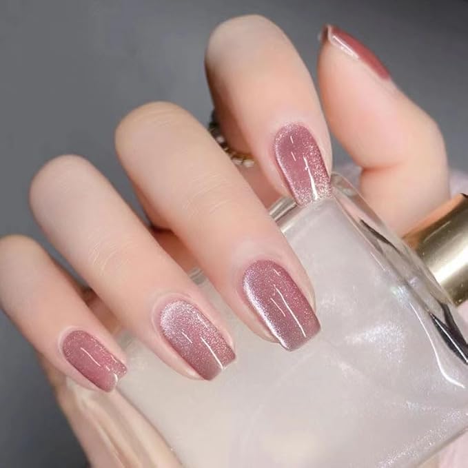 Cat Eye Pink Press On Nails Short Medium Square, Designer Reusable Acrylic Fake Nails with Glue, Glossy Soft Gel Nails Wedding and Party, Stick On Glue On Nails, Nails Press Ons for Women
