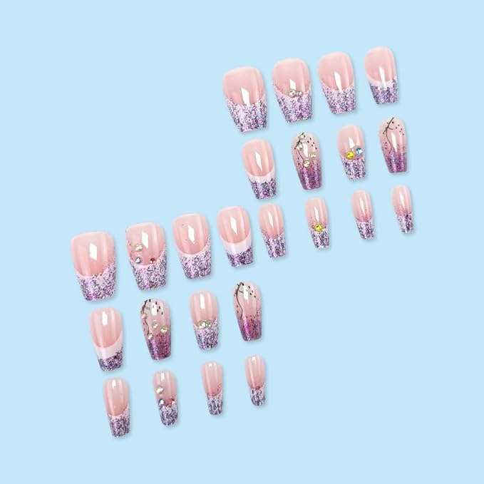 Coffin Square Press on Nails Medium Fake Nails White Purple French Tip Artificial Nails Full Cover Acrylic Glue on Nails with Glitter Designs False Nails Stick on Nails for Women Girls Manicure 24PCS