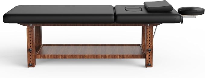 Stationary Massage Table with Adjustable Height Legs and Backrest for Treatment, Physical Therapy, Spa Facial Professional Massage Bed, Black PU Leather - 700LBS Load, Heavy Duty Wood Frame