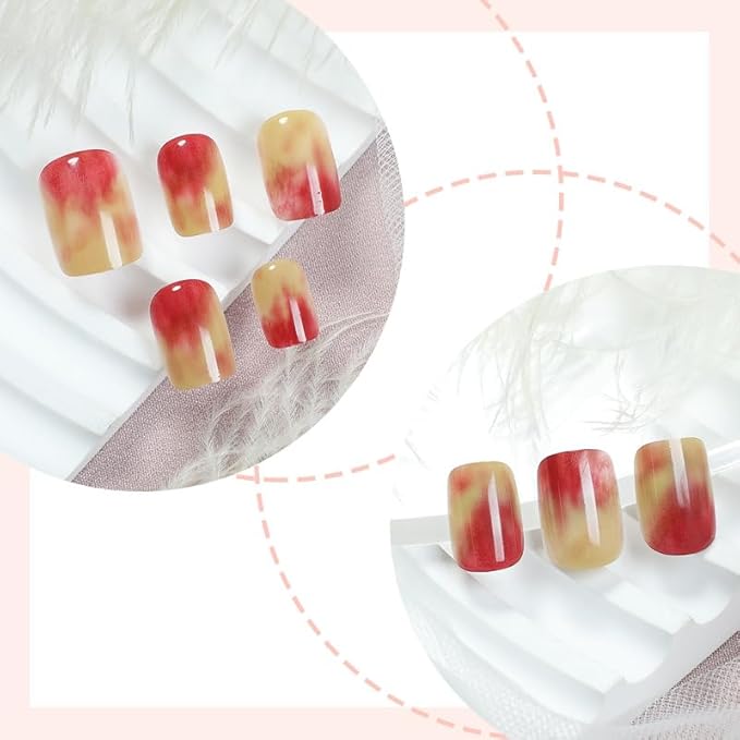 Cute Press on Nails Short Fake Nails Oval False Nails with Design Red Full Cover Nails for Girls 24pcs