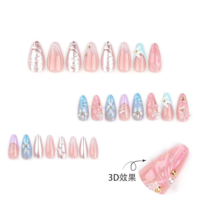 Flower Nail Press ons Butterfly Fake Nails with 3D Design Medium Almond False Nails French Tip Glue on Nials Reusable Artificial Acrylic Full Cover Spring Stick on Nails for Women Girls Manicure 24Pcs