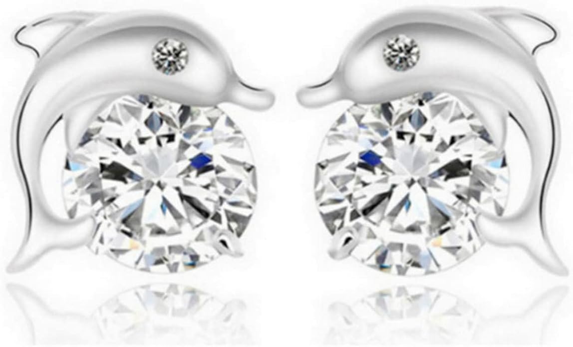 Silver Dolphin CZ Earrings Cute Animal Stud Earrings Tiny Earring Jackets Gifts for Women and Girls