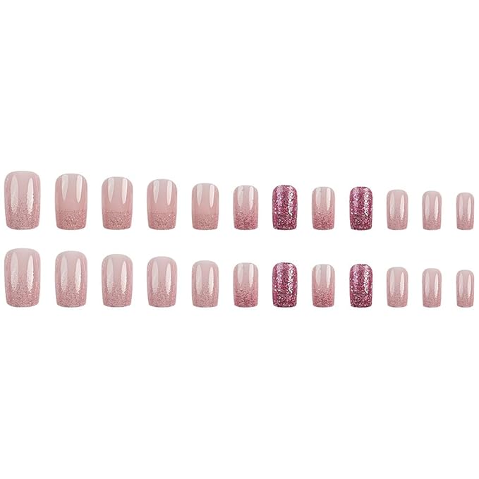 Medium Press on Nails Square Fake Nails Pink Gradient Acrylic Full Cover False Nails with Glitter Designs Glossy Glue on Nails Short Stick on Nails Artificial Nails for Women Girls Manicure 24PCS
