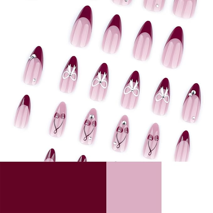 24Pcs Red French Tip Press on Nails Medium Almond Fake Nails with White Rhinestones Bow Cherry Design Glitter False Nails Full Cover Artificial Glue on Nails Cute Stick on Nails for Women Manicure