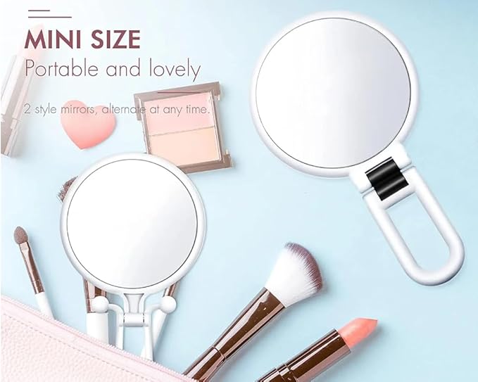 1X 5X Handheld Mirror with Handle for Travel， Magnifying Mirror, Magnification, Rotation Adjustable Handle, Double Sided Folding, Mirror for Women for Eyes Makeup Travel Shaving (White)