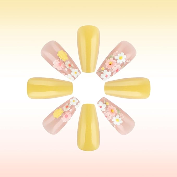 24Pcs Flower Press on Nails Wild Flower Acrylic Full Cover Fake Nails Yellow Gradient Stick on Nail Glossy French Tips Medium Coffin False Nail Summer Gel Glue on Fingernails for Holiday Manicure Art