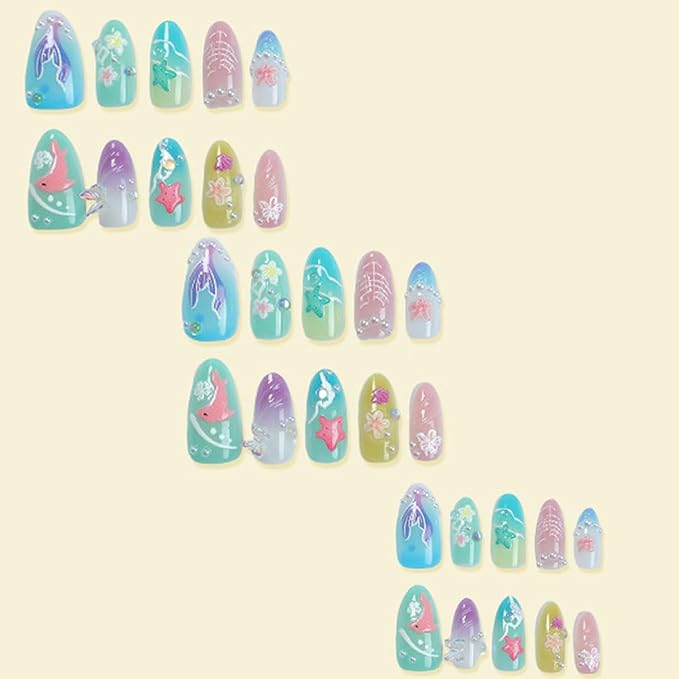 Summer Press on Nails Starfish False Nails Flower Fake Nails 3D Shell Floral Bubble Beads Design Pearl Gradient Stick on Nail Colorful Ocean Glue on Nail for Women DIY Salon Manicure Supplies