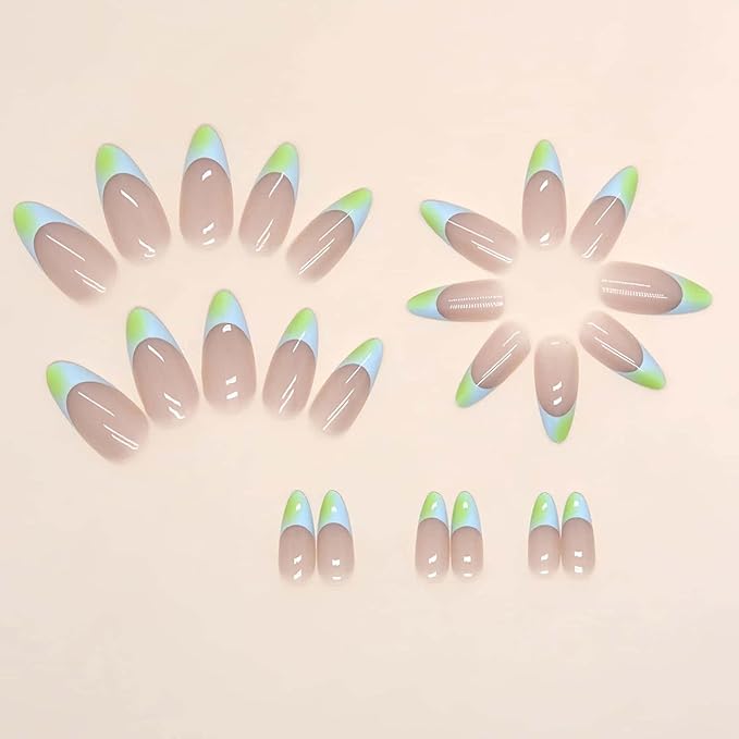 24 Pcs Press on nails French Short Almond Fake Nails Nude Glossy Glue on Nails Ins Style Acrylic Nails Removable Stick on Nails for Women 12 Size Kit