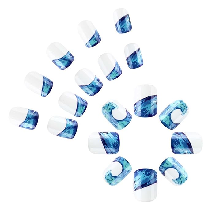 Square Press On Nails Short Fake Nails Summer False Nails With Sea Design Full Cover Acrylic Artificial Nails Glossy Glue On Nails Stick On Nails For Women Manicure 24pcs
