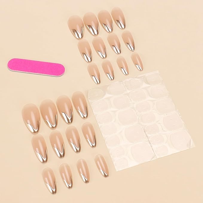 Gold French Tip Press on Nails Almond Fake Nails Full Cover Glossy Short Acrylic False Nails Press ons 3D Golden Line Glue on Nails for Women Nails Decoration 24Pcs