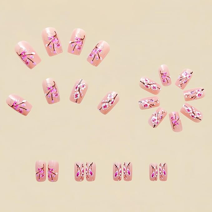 24Pcs Spring Press on Nails Medium Square Fake Nails Flower False Nails Glossy Full Cover Artificial Glue on Nails Sakura Stick on Nails Pink Nail Supplies for Women Girls DIY Manicure Decoration