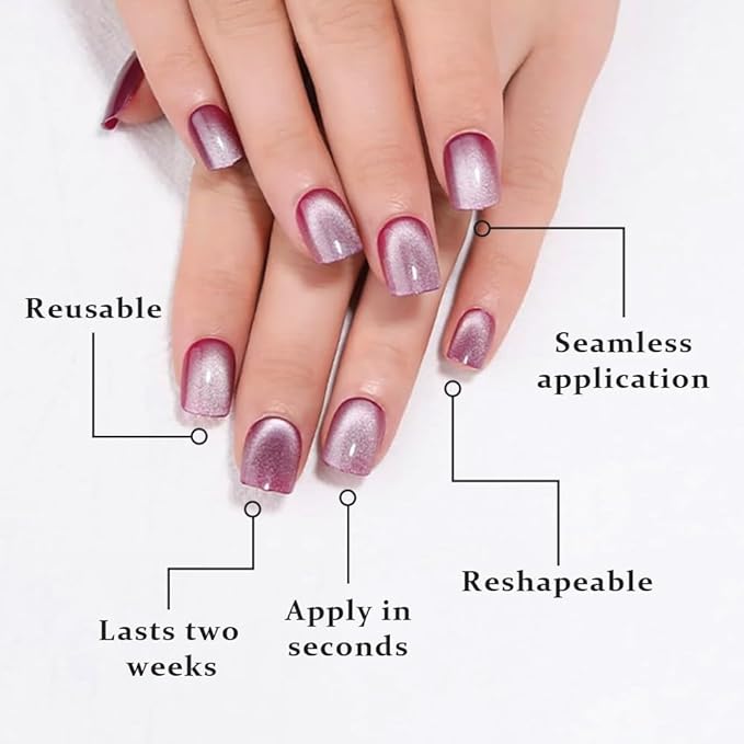 evpct Purple Cat Eye Short Press on Nails Square, Petite Short Square Glossy Nails with Designs for Women, Light Lavender Purple Glue on Glitter Reusable Gel Press on Acrylic Fake Nail Holographic