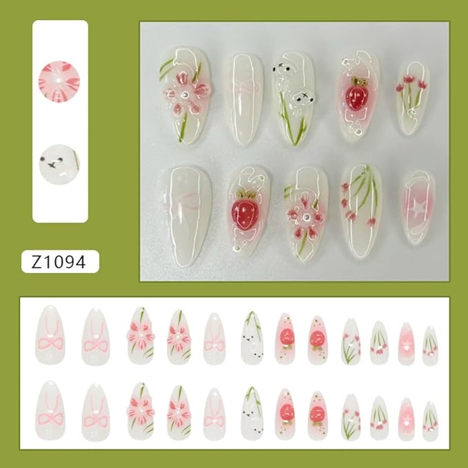 3D Cute Rabbit Press on Nails Medium Almond Fake Nails 3D Pink Flowers False Nails with Pink Gradient Designs Strawberry Bamboo Leaves Acrylic Bow Star Stick on Nails for Women 24Pcs