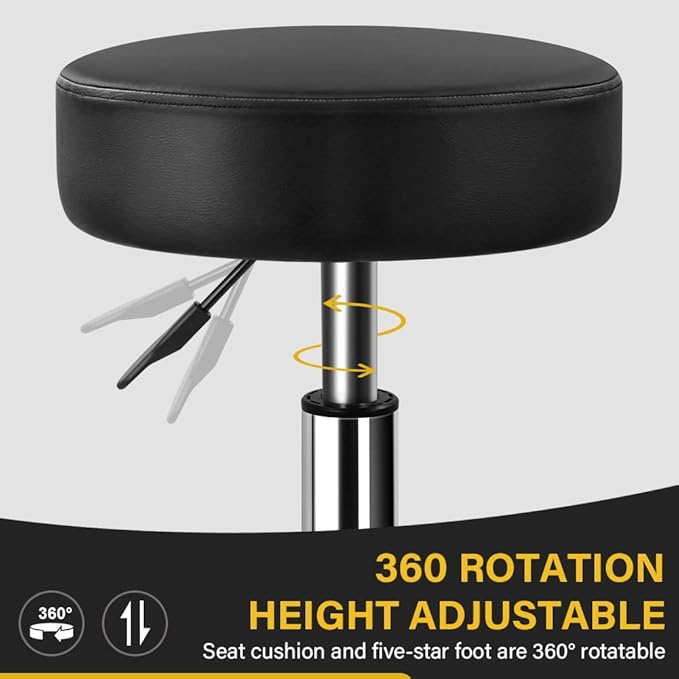 Heavy Duty Rolling Stool with Wheels, 360 Swivel, Adjustable Height, Black, Modern Style, Faux Leather Seat, Aluminum Alloy Base, Kitchen, Garage, Garden, Outdoor, Bar