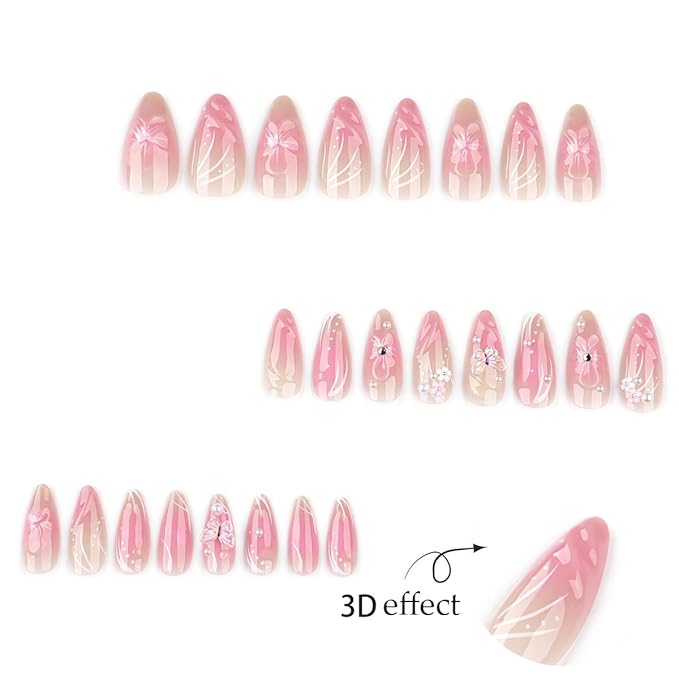 3D Handmade Press on Nails with Charms Almond Fake Nails 3D Butterfly Nail Art Charms False Nails Flower Pearl Rhinestones Crystal Acrylic Nail Reusable Glossy Glue on Nails for Women,24Pcs