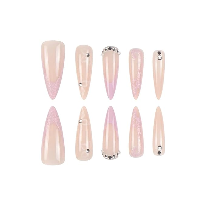 Long Press on Nails Stiletto Fake Nails French Tip False Nails with Flower Design Rhinestone Glitter Glossy Acrylic Artificial Nails for Women 24 Pcs
