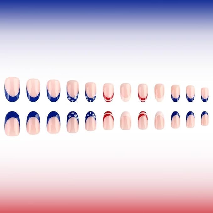 Independence Day Press on Nails French Tip Fake Nails Short Almond False Nails with Star Design Glossy Glue on Nails Artificial Acrylic Full Cover Nude Stick on Nails for Women Girls Manicure 24Pcs