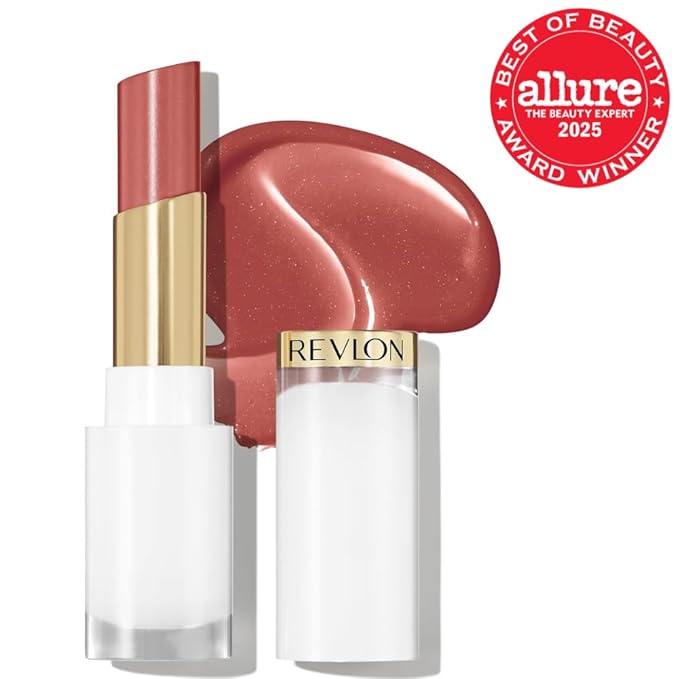 REVLON Super Lustrous Glass Shine Balm, Hydrating Tinted Lipstick, Sheer, Glossy Shiny Finish, 004 Nude Illuminator, 0.11 oz