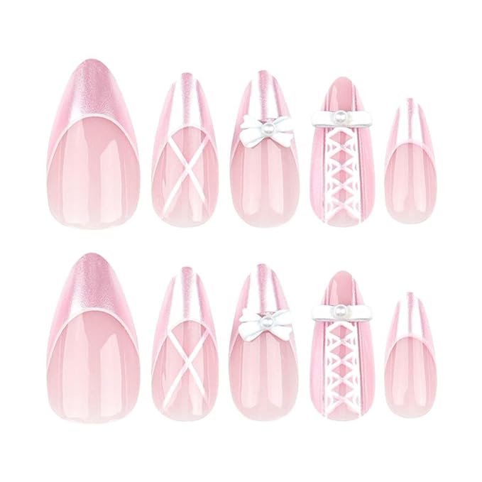 Press on Nails Medium Long Pearl Pink Fake Nails Almond Glossy 3D False Nail Tips Artificial Nails French Finger Manicure for Women and Girls-24pcs