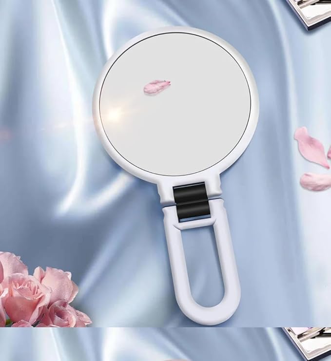 1X 5X Handheld Mirror with Handle for Travel， Magnifying Mirror, Magnification, Rotation Adjustable Handle, Double Sided Folding, Mirror for Women for Eyes Makeup Travel Shaving (White)
