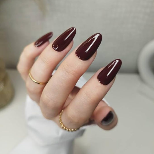 Wine Red Press On Nails, Medium Length Almond False Nails Glossy Fake Nails 24Pcs Stick On Nails Kit Solid Color Almond Full Cover Artificial Glue On Nails for Women and Girls