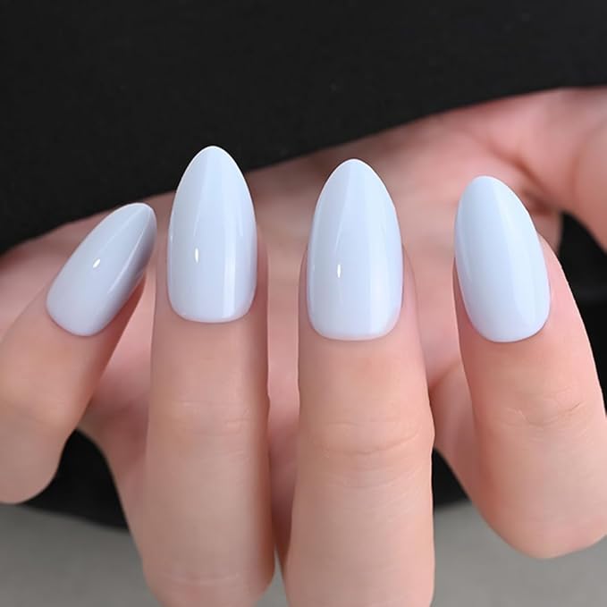 evpct Sky Blue Press on Nails Almond Short, Glossy Short Almond Fake Nails Kit for Women, Soft Gel Press On Nail with Nail Glue, 15 Sizes 30Pcs Reusable Stick on Acrylic Fake False Nail Manicure Set