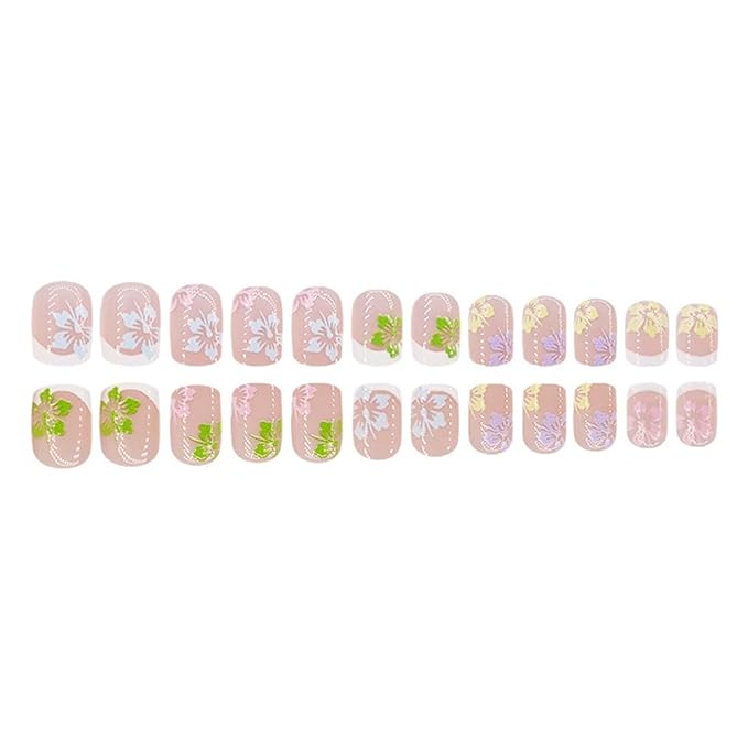 24Pcs Square Press on Nails Short Fake Nails French Tip False Nails with Flower Design Cute Acrylic Nails Full Cover Artificial Nails Glossy Nude Glue on Nails Stick on Nails for Women Manicure