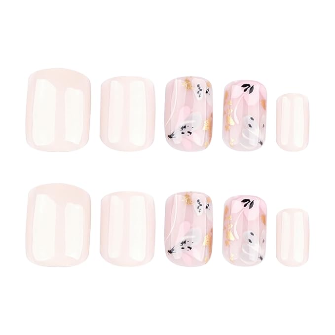 Flowers Press on Nails Square Short Fake Nails with Designs Gold False Nails Nude Glossy Full Cover Acrylic Nails Spring Glue on Nail Cute Artificial Stick on Nail for Women Manicure DIY