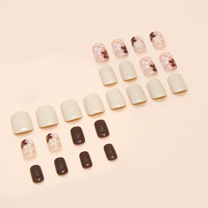 Flower Press on Nails Square Fake Nails Short False Nails with Design Brown Acrylic Nails Full Cover Artificial Nails Glossy Glue on Nails Stick on Nails for Women Manicure Art 24Pcs