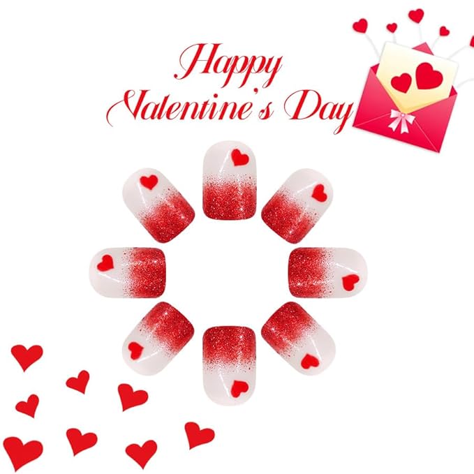 2 Packs 48Pcs Press on Short Square Fake Nails - Valentine's Day Acrylic Red Glitter Ombre Glue on Kid Heart Love False Stick on Decoration for Women Girls
