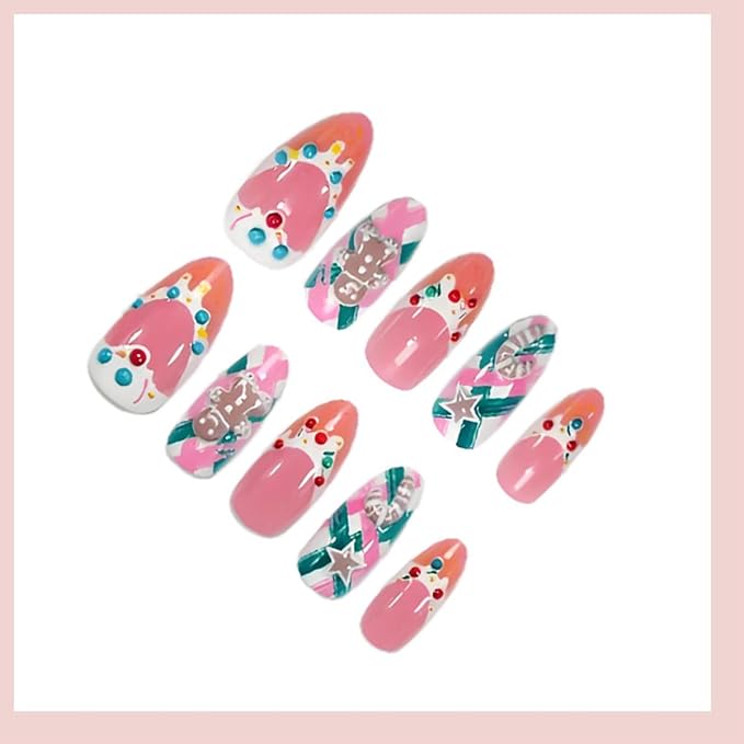 30Pcs Christmas French Tip Press on Nails Medium Almond NEWSPIED Christmas Fake Nails with Designs Cute Gingerbread Men False Nails Winter Xmas Stick on Nails for Women Acrylic Manicure Decoration