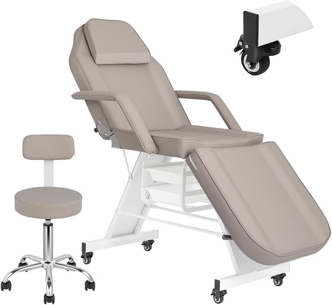 Facial Chair with Wheel Tattoo Bed with Stool for Client Beauty Artist Spa Bed Removable Headrest for Esthetician Gray