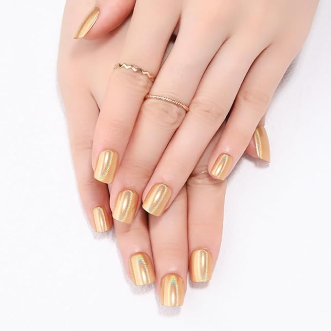Gold Holographic Press On Nails, Short Chrome Glue On Nails for Women, Metallic Golden Fake Nails with Iridescent Glow, Press On Nails Short Square Shape, Color-Shifting Aurora Effect, 24 Pcs