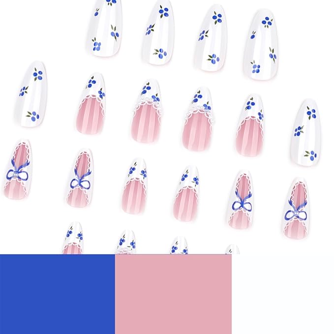 Press On Nails Medium Almond Shape – 24PCS Blue Bow French Tip Fake Nails with Pearl Accents, Floral Lace Design, Reusable Medium Length False Nails for Women, DIY Manicure