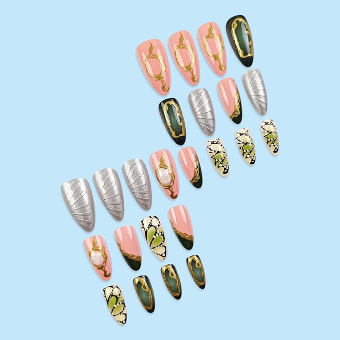 Press on Nails Almond Fake Nails Green Butterfly False Nails with Gold Line Design Medium French Acrylic Nails Glossy Glue on Nail Press ons for Women Manicure 24Pcs
