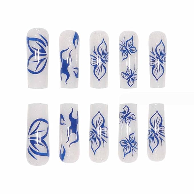 Long Blue Press on Nails Square Fake Nails White Full Cover Butterfly Acrylic False Nails Glossy Nails for Women and Girls-24PCS