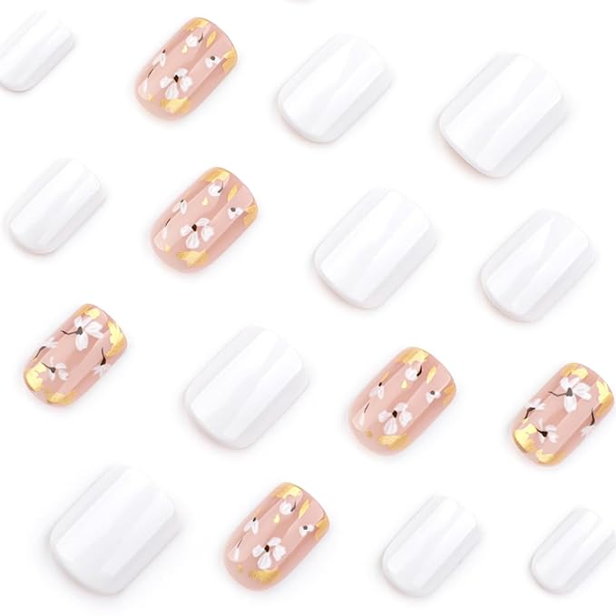 Fall Short Press on Nails Square, White and gold Fake Nails, Delicate Gold Foil Flower Designs, with a Few Nude Nails Featuring, Glossy Finish Acrylic Nails, Reusable Glue on Nails Kit