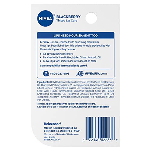 Nivea Lip Balm Hydrating, 0.17 Oz, Enriched with Avocado & Jojoba for Soft, Smooth Lips, Hydrating Lip Balm Includes Moofin Wooden Comb, Blackberry Scent, Lip Balms & Moisturizers, [Pack of 4]