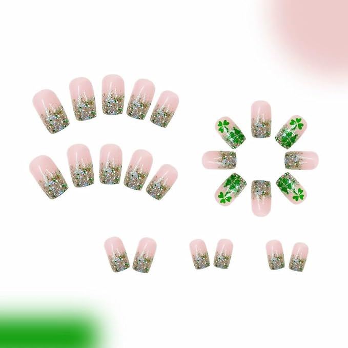 St. Patrick's Day Press On Nails, 24pcs Short Square Acrylic False Nails, Green Glitter & Ombre Designs, Glossy, Safe & Sturdy, Easy to Use, DIY
